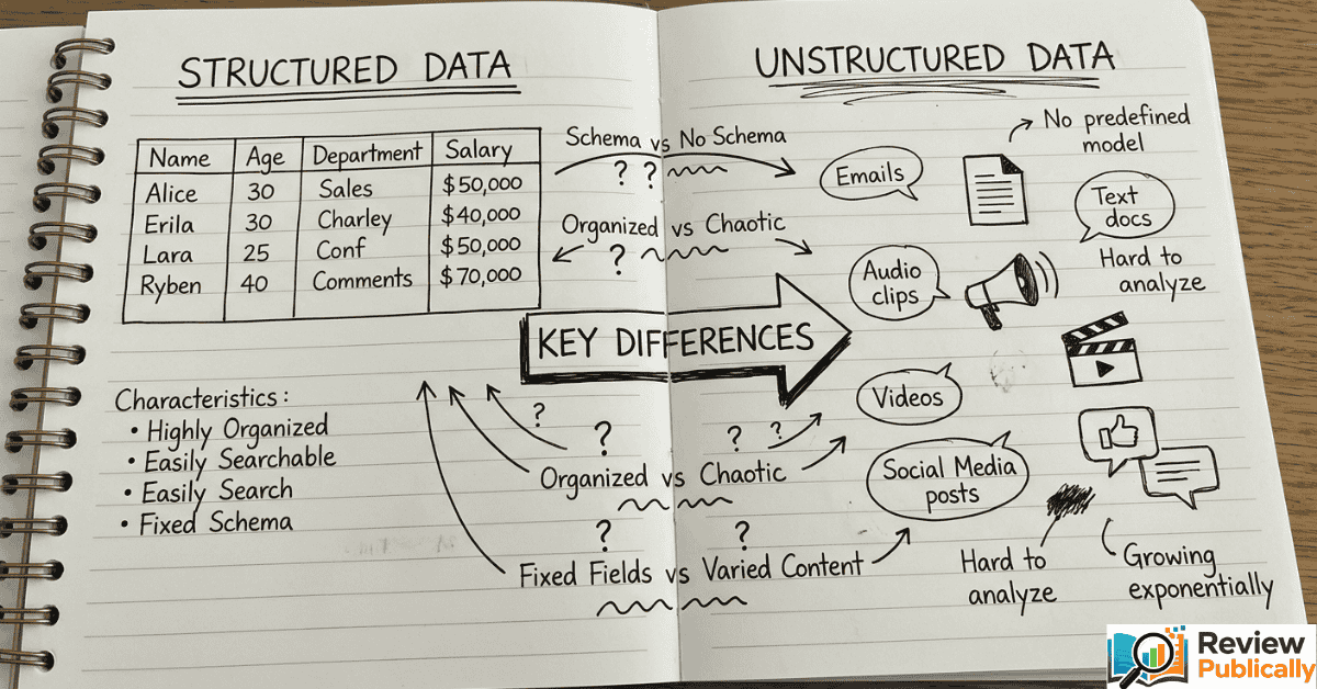 Handwritten comparison of structured, unstructured and semi structured data